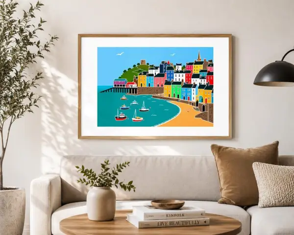 Colourful Tenby Welsh seaside art print from Black Mountain Creations